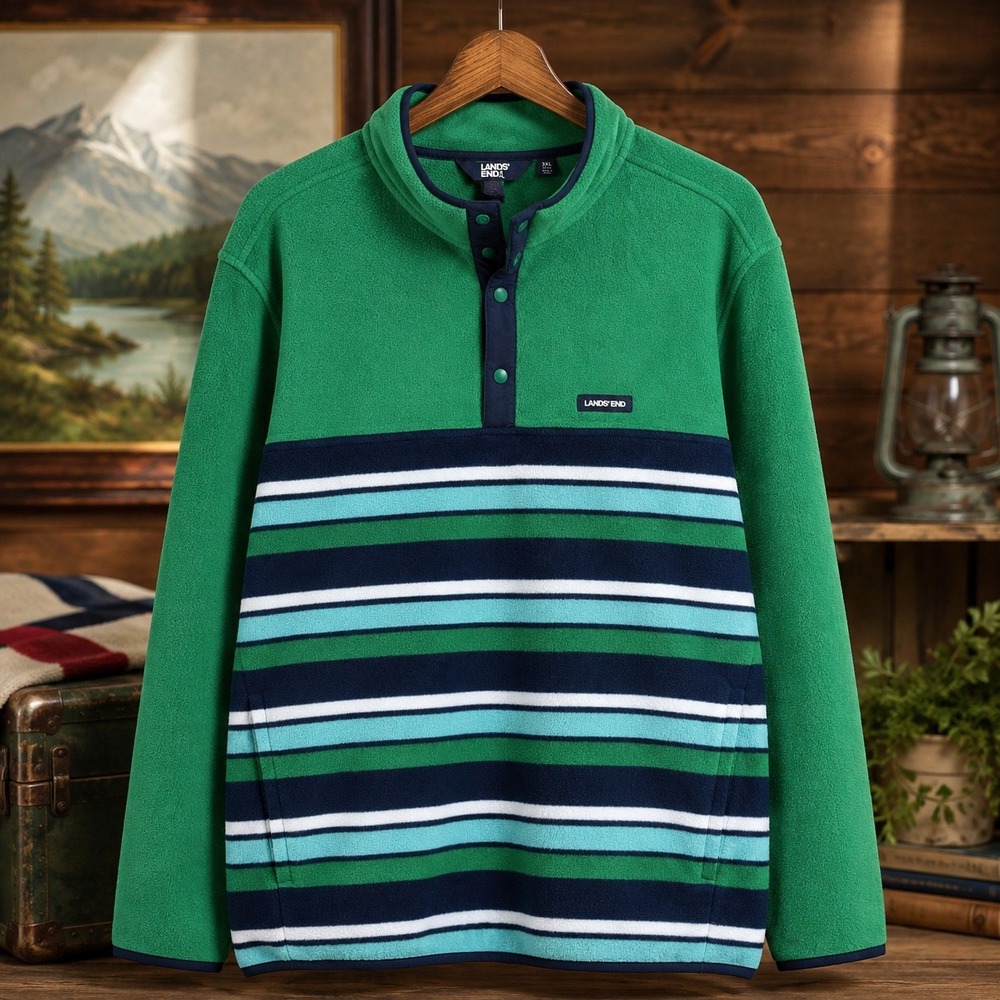 Lands‎ End Fleece Pullover Mens 3XL Green Striped Snap Neck Mock Neck Gorpcore